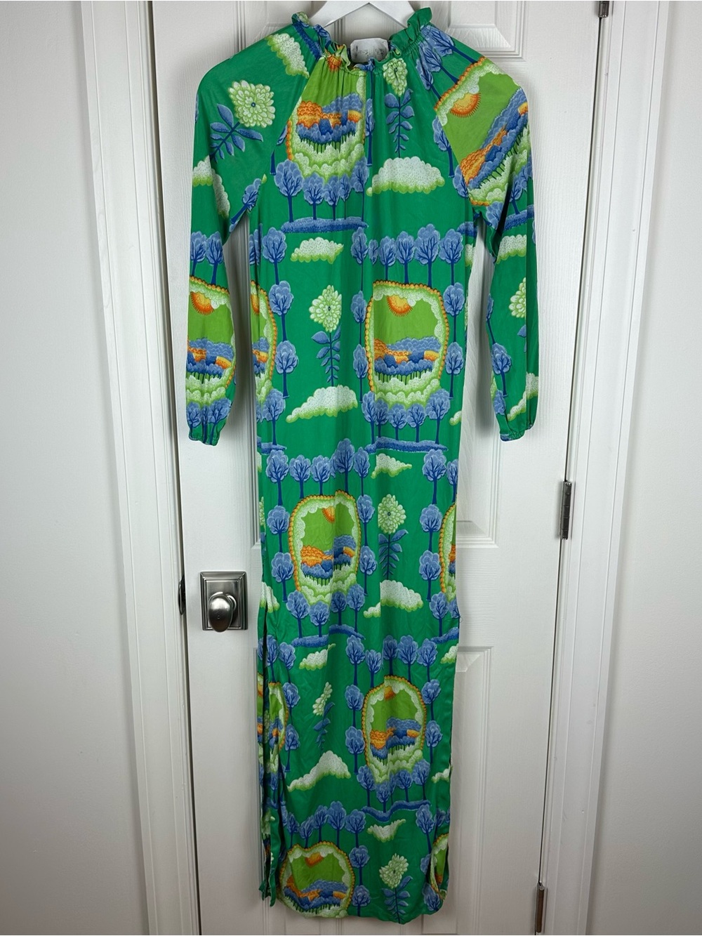 Vintage Jane Martin Green Scenic Print Maxi Dress Long Sleeve Boho Mod